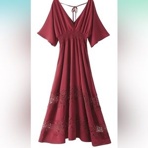 Olaesa Women's Lace Short Sleeve V Neck Smocked Waist Boho Maxi Bohemian Dress